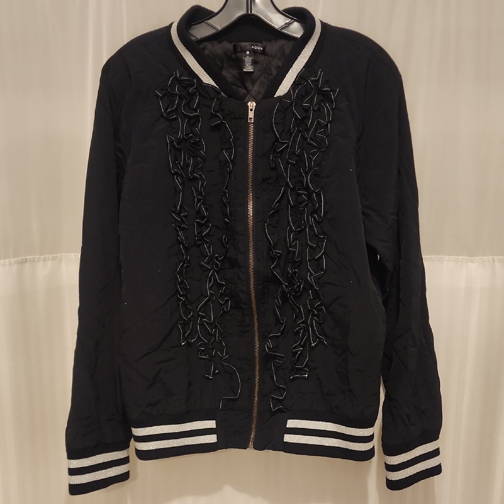 Aqua Black Bomber Jacket with Ruffle Accents